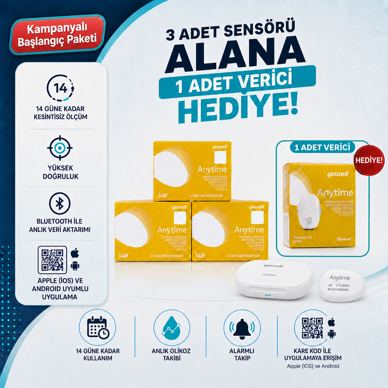 Anytime CT3 Sürekli Glikoz İzleme Sistemi (CGM) – Yuwell